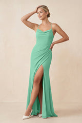 Cami Strap Sheath Ruched Bridesmaid Dress With Slit in Turquoise - KISS BRIDAL Bridesmaid Dresses