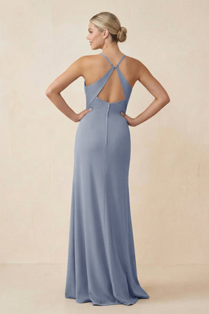 Cami Strap Sheath Ruched Bridesmaid Dress With Slit in Twilight - SHE IS ME Bridesmaid Dresses