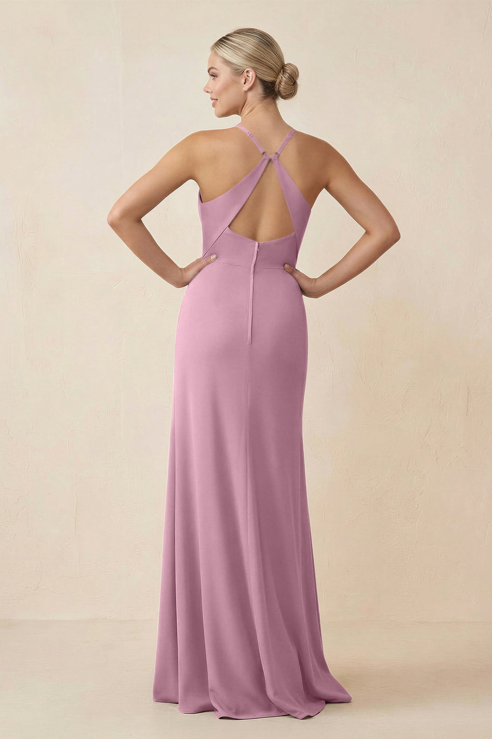 Cami Strap Sheath Ruched Bridesmaid Dress With Slit in Vintage Mauve - KISS BRIDAL Bridesmaid Dresses