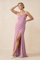 Cami Strap Sheath Ruched Bridesmaid Dress With Slit in Vintage Mauve - SHE IS ME Bridesmaid Dresses