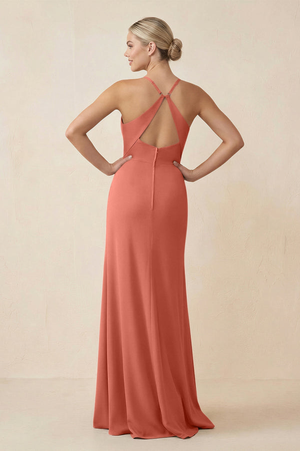 Cami Strap Sheath Ruched Bridesmaid Dress With Slit in Wild Rose - SHE IS ME Bridesmaid Dresses