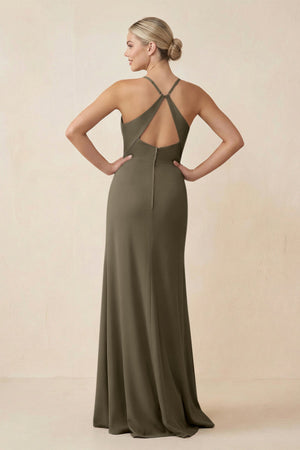 Cami Strap Sheath Ruched Bridesmaid Dress With Slit in Willow Green - SHE IS ME Bridesmaid Dresses