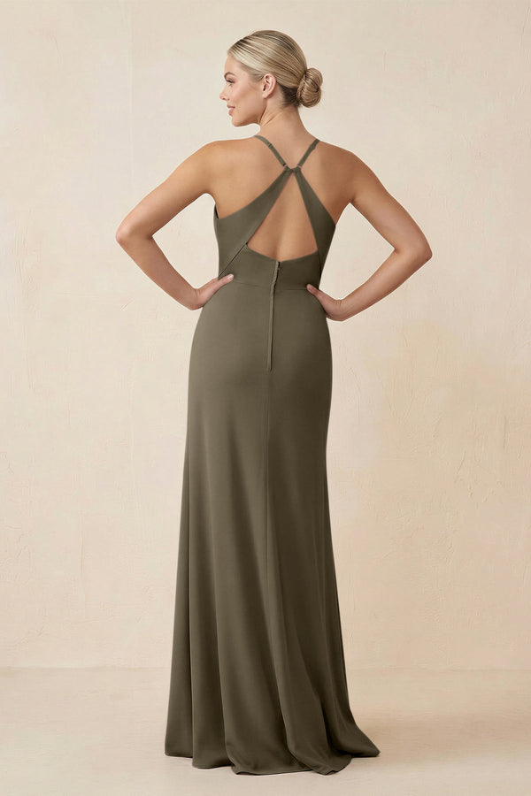 Cami Strap Sheath Ruched Bridesmaid Dress With Slit in Willow Green - SHE IS ME Bridesmaid Dresses