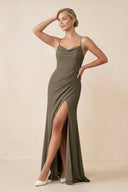 Cami Strap Sheath Ruched Bridesmaid Dress With Slit in Willow Green - SHE IS ME Bridesmaid Dresses