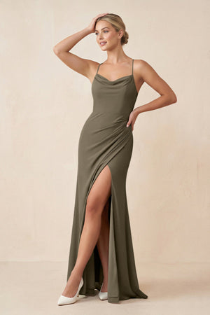 Cami Strap Sheath Ruched Bridesmaid Dress With Slit in Willow Green - SHE IS ME Bridesmaid Dresses