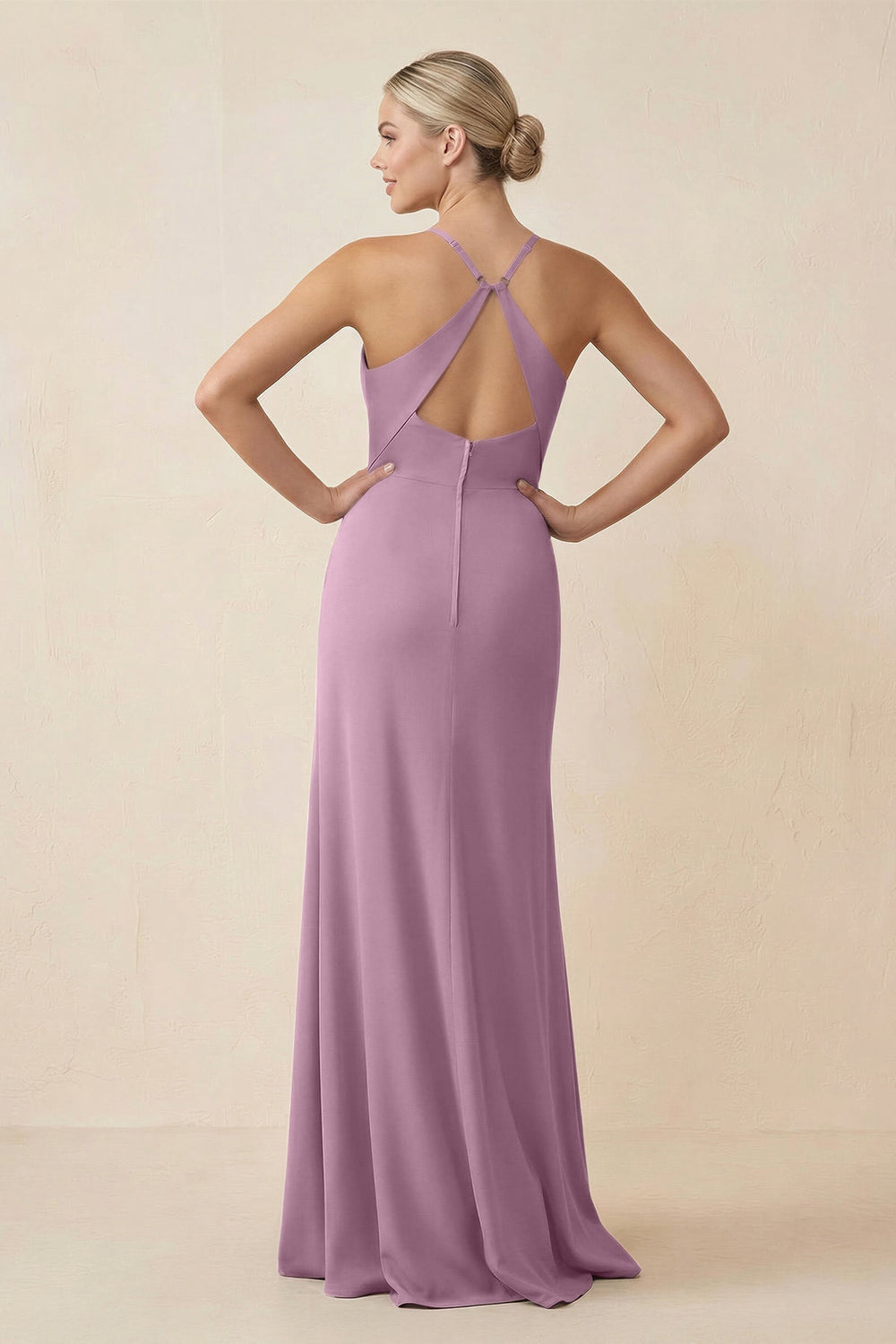 Cami Strap Sheath Ruched Bridesmaid Dress With Slit in Wisteria - KISS BRIDAL Bridesmaid Dresses