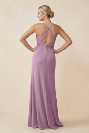 Cami Strap Sheath Ruched Bridesmaid Dress With Slit in Wisteria - SHE IS ME Bridesmaid Dresses