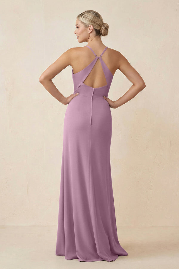 Cami Strap Sheath Ruched Bridesmaid Dress With Slit in Wisteria - SHE IS ME Bridesmaid Dresses