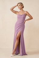 Cami Strap Sheath Ruched Bridesmaid Dress With Slit in Wisteria - SHE IS ME Bridesmaid Dresses