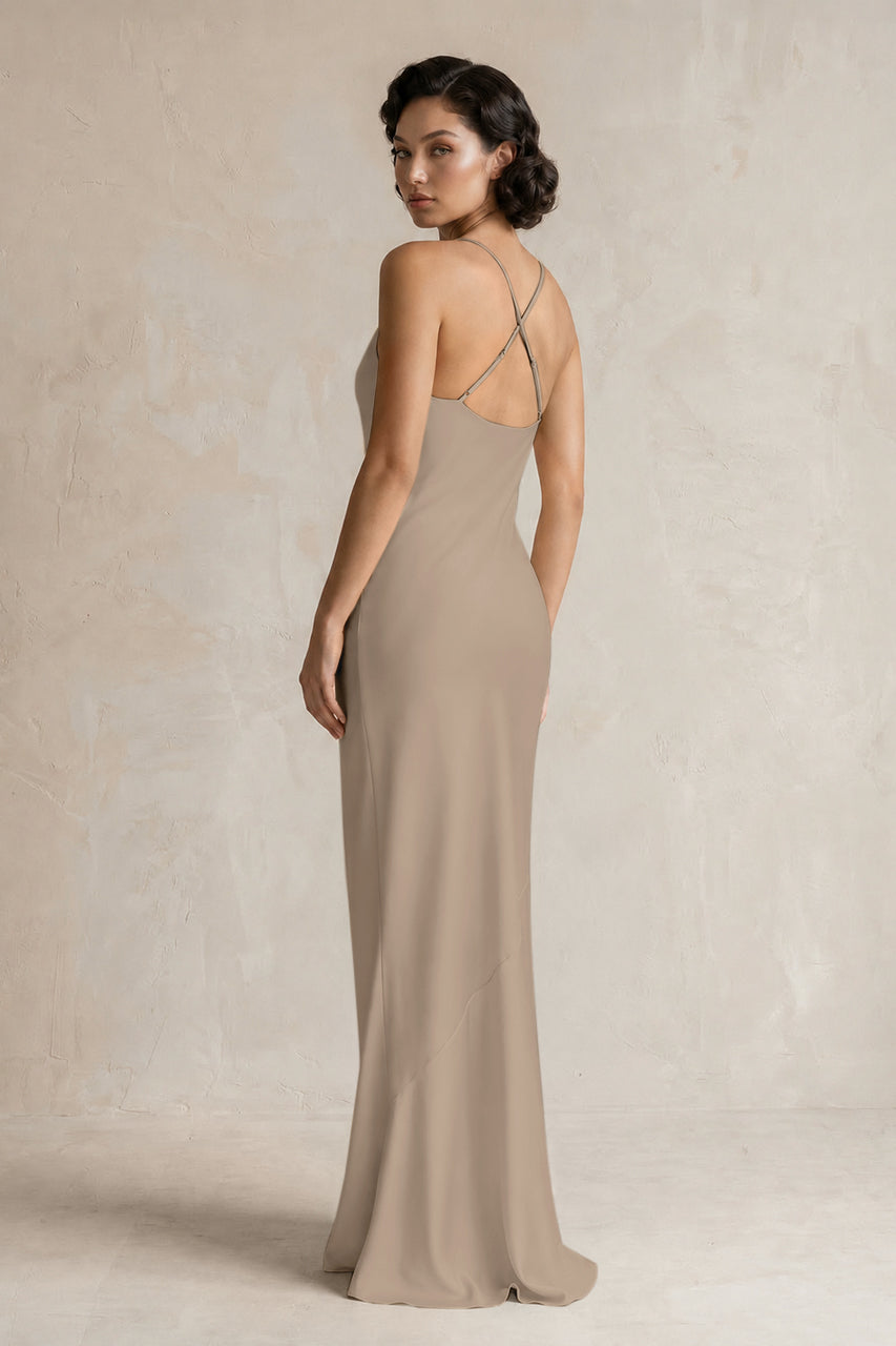 Cami Strap Sheath Satin Bridesmaid Dress in Almond