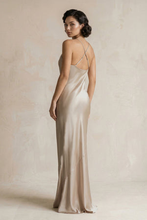 Cami Strap Sheath Satin Bridesmaid Dress in Almond - SHE IS ME Bridesmaid Dresses