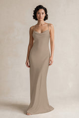 Cami Strap Sheath Satin Bridesmaid Dress in Almond | KISSBRIDAL