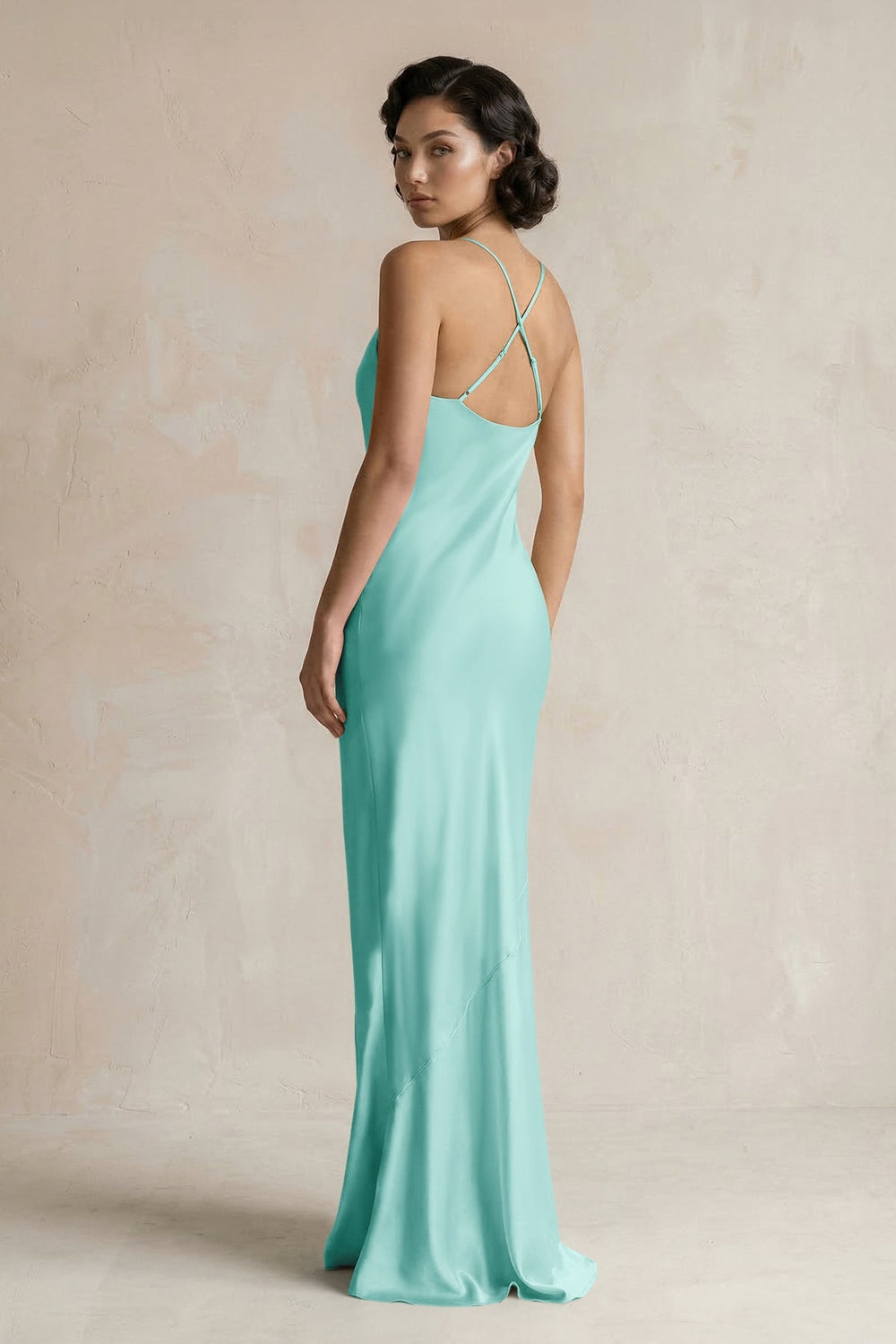 Cami Strap Sheath Satin Bridesmaid Dress in Aqua - KISS BRIDAL Bridesmaid Dresses