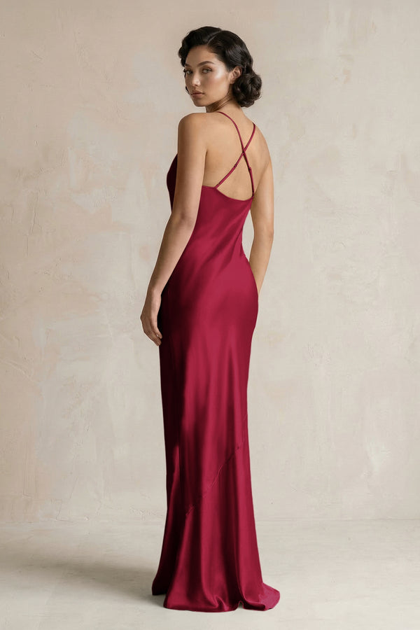 Cami Strap Sheath Satin Bridesmaid Dress in Berry - KISS BRIDAL Bridesmaid Dresses