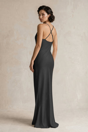 Cami Strap Sheath Satin Bridesmaid Dress in Black (2) | KISSBRIDAL