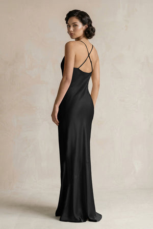 Cami Strap Sheath Satin Bridesmaid Dress in Black - KISS BRIDAL Bridesmaid Dresses