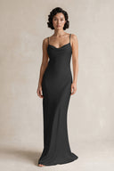 Cami Strap Sheath Satin Bridesmaid Dress in Black | KISSBRIDAL