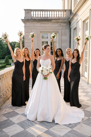 Cami Strap Sheath Satin Bridesmaid Dress in Black | KISSBRIDAL