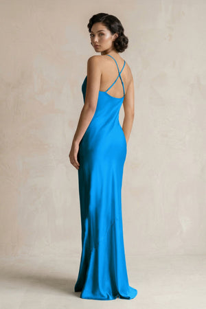 Cami Strap Sheath Satin Bridesmaid Dress in Blue Jay - KISS BRIDAL Bridesmaid Dresses