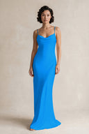 Cami Strap Sheath Satin Bridesmaid Dress in Blue Jay | KISSBRIDAL