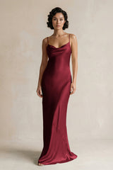 Cami Strap Sheath Satin Bridesmaid Dress in Burgundy - KISS BRIDAL Bridesmaid Dresses