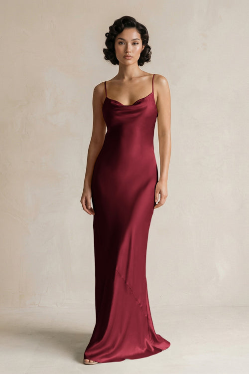 Cami Strap Sheath Satin Bridesmaid Dress in Burgundy - KISS BRIDAL Bridesmaid Dresses