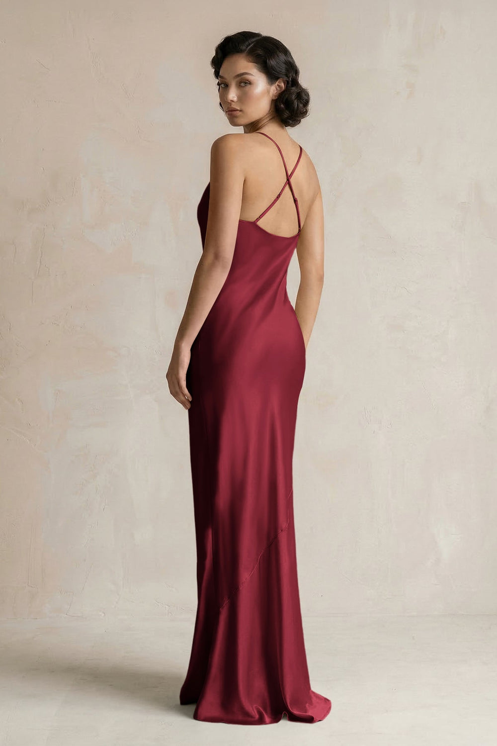 Cami Strap Sheath Satin Bridesmaid Dress in Burgundy - KISS BRIDAL Bridesmaid Dresses
