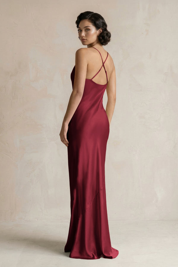 Cami Strap Sheath Satin Bridesmaid Dress in Burgundy - KISS BRIDAL Bridesmaid Dresses