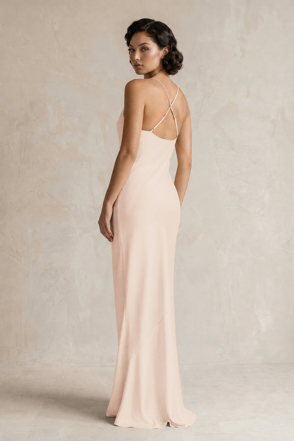 Cami Strap Sheath Satin Bridesmaid Dress in Buttercream (2) | KISSBRIDAL