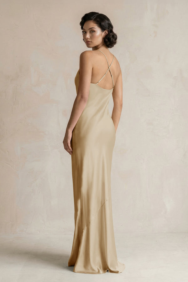 Cami Strap Sheath Satin Bridesmaid Dress in Champagne - KISS BRIDAL Bridesmaid Dresses