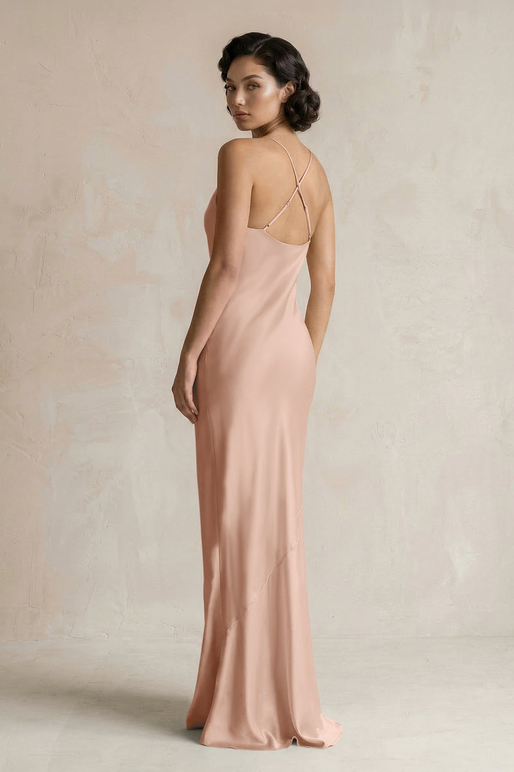 Cami Strap Sheath Satin Bridesmaid Dress in Champagne Rose - KISS BRIDAL Bridesmaid Dresses
