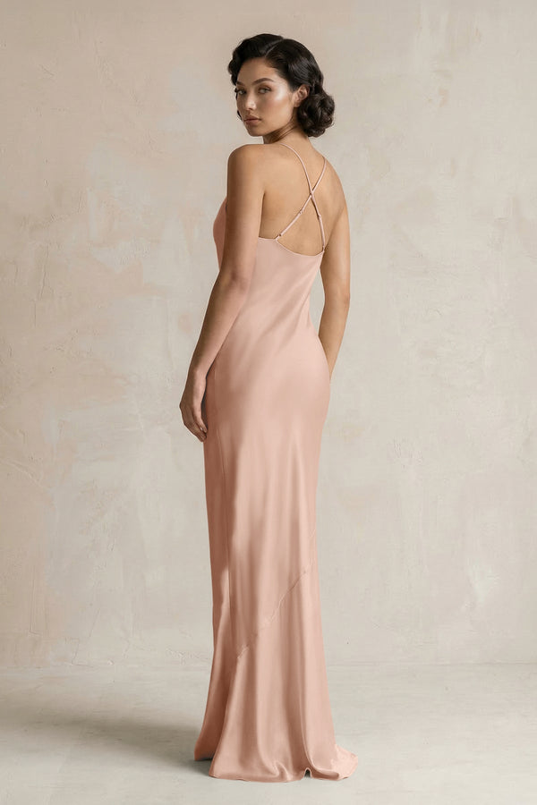 Cami Strap Sheath Satin Bridesmaid Dress in Champagne Rose - KISS BRIDAL Bridesmaid Dresses