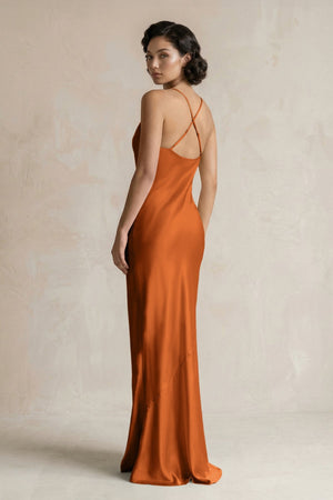 Cami Strap Sheath Satin Bridesmaid Dress in Cinnamon - KISS BRIDAL Bridesmaid Dresses