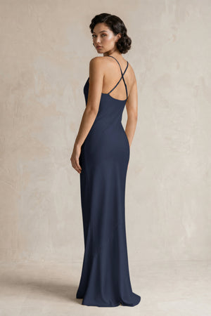 Cami Strap Sheath Satin Bridesmaid Dress in Dark Navy (2) | KISSBRIDAL