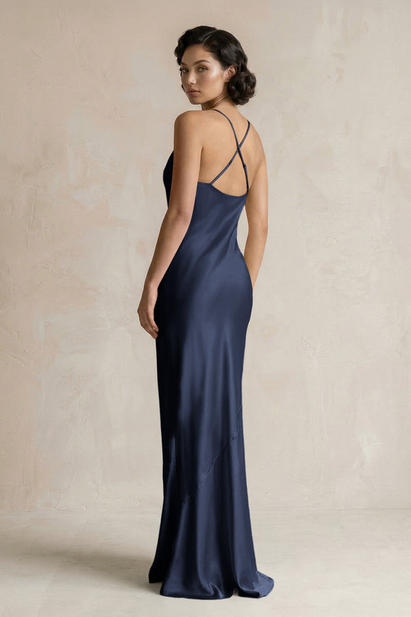 Cami Strap Sheath Satin Bridesmaid Dress in Dark Navy - KISS BRIDAL Bridesmaid Dresses