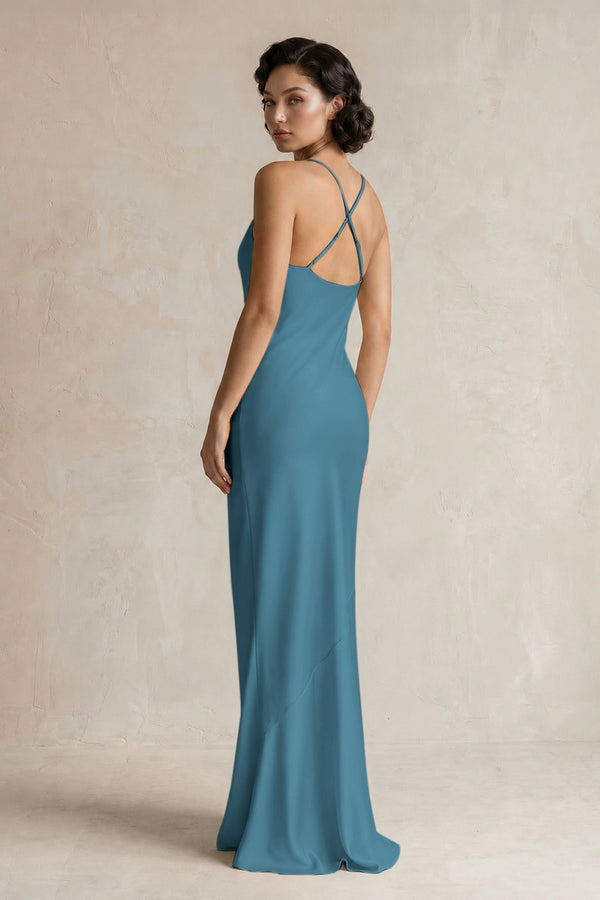 Cami Strap Sheath Satin Bridesmaid Dress in Dark Teal (2) | KISSBRIDAL