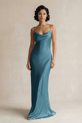 Cami Strap Sheath Satin Bridesmaid Dress in Dark Teal - KISS BRIDAL Bridesmaid Dresses