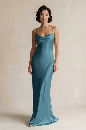 Cami Strap Sheath Satin Bridesmaid Dress in Dark Teal - KISS BRIDAL Bridesmaid Dresses