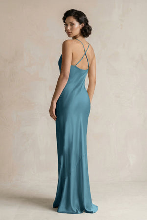 Cami Strap Sheath Satin Bridesmaid Dress in Dark Teal - KISS BRIDAL Bridesmaid Dresses