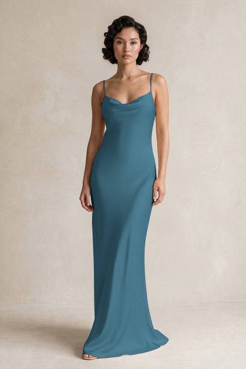 Cami Strap Sheath Satin Bridesmaid Dress in Dark Teal | KISSBRIDAL