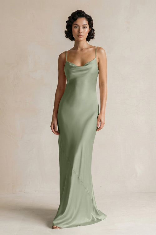 Cami Strap Sheath Satin Bridesmaid Dress in Dove Gray - KISS BRIDAL Bridesmaid Dresses