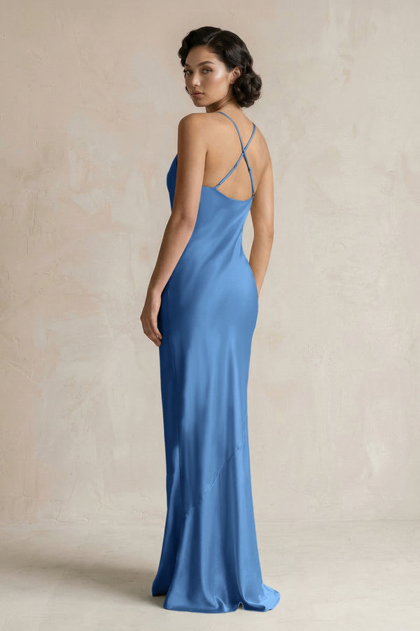 Cami Strap Sheath Satin Bridesmaid Dress in Dusty Blue - KISS BRIDAL Bridesmaid Dresses