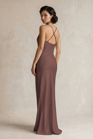 Cami Strap Sheath Satin Bridesmaid Dress in Espresso (2) | KISSBRIDAL