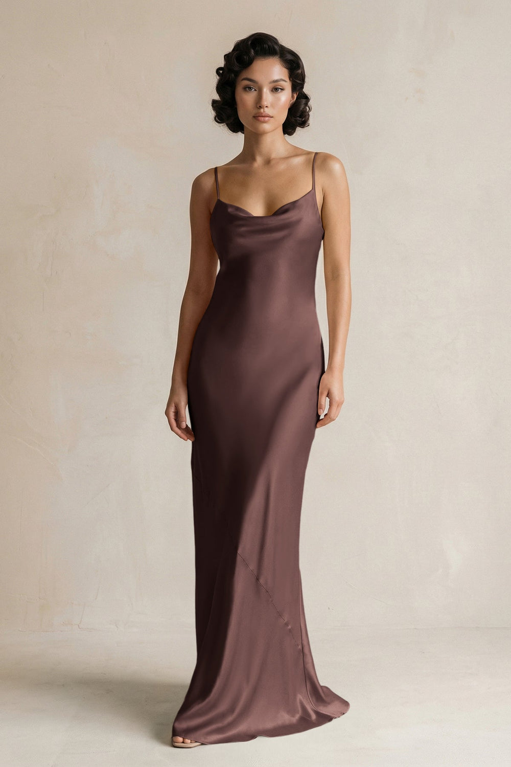 Cami Strap Sheath Satin Bridesmaid Dress in Espresso - KISS BRIDAL Bridesmaid Dresses