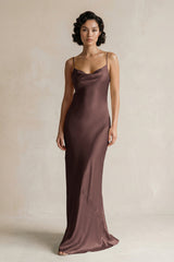 Cami Strap Sheath Satin Bridesmaid Dress in Espresso - KISS BRIDAL Bridesmaid Dresses