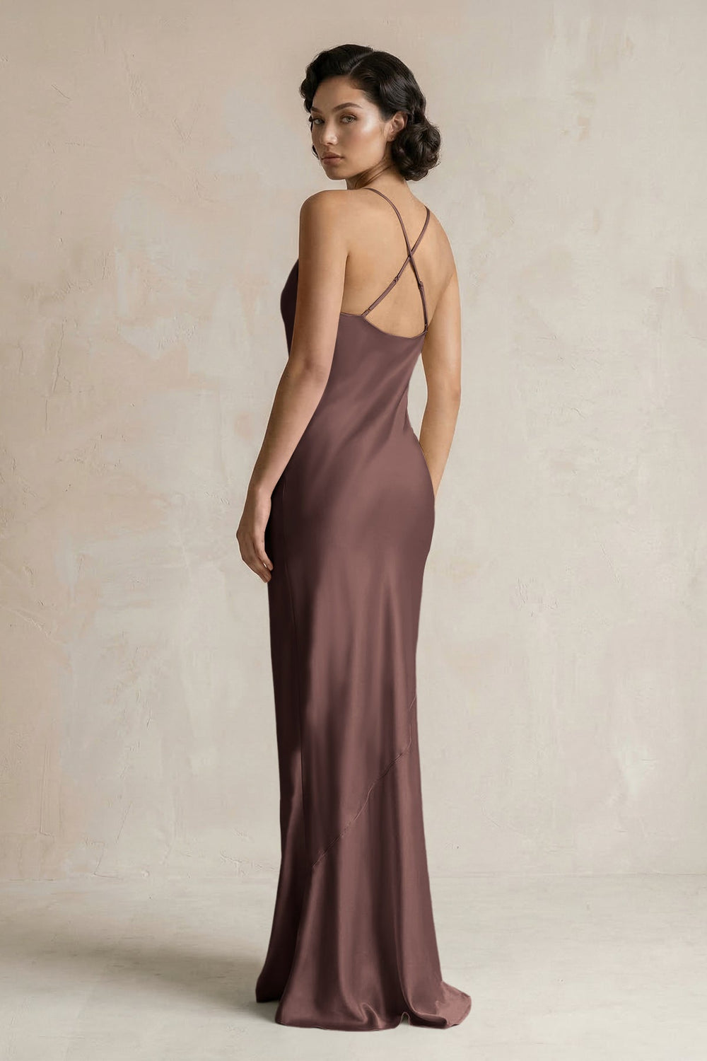Cami Strap Sheath Satin Bridesmaid Dress in Espresso - KISS BRIDAL Bridesmaid Dresses