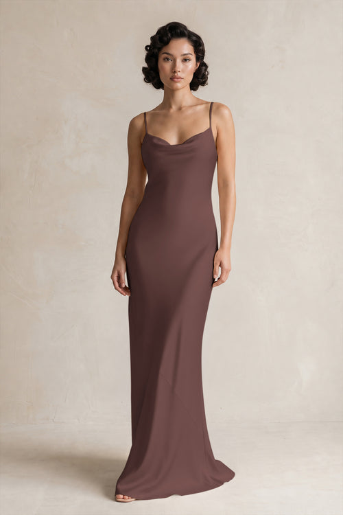 Cami Strap Sheath Satin Bridesmaid Dress in Espresso | KISSBRIDAL