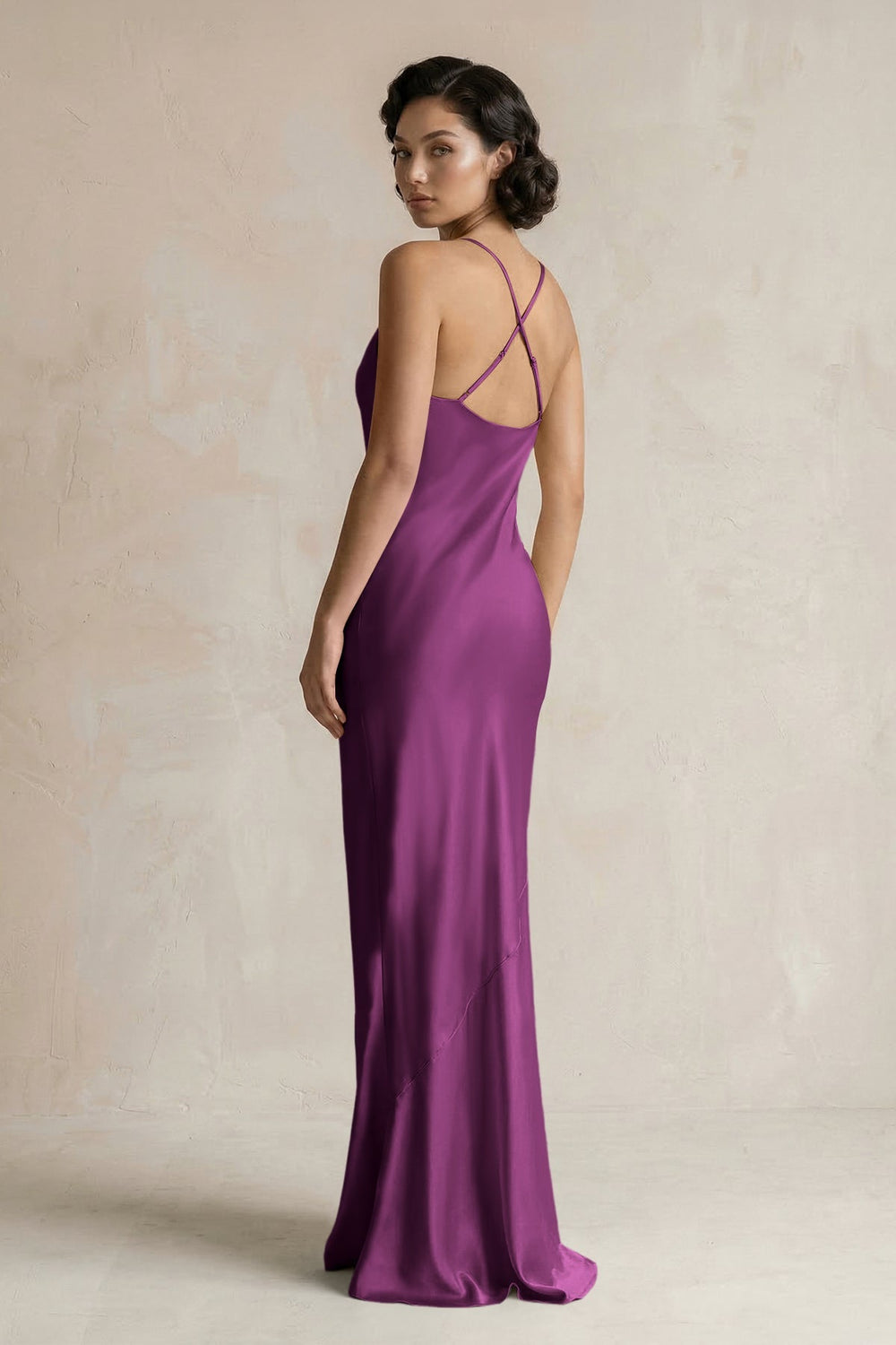 Cami Strap Sheath Satin Bridesmaid Dress in Fig - KISS BRIDAL Bridesmaid Dresses