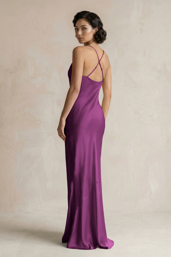Cami Strap Sheath Satin Bridesmaid Dress in Fig - KISS BRIDAL Bridesmaid Dresses