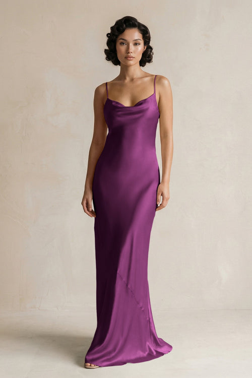 Cami Strap Sheath Satin Bridesmaid Dress in Fig - KISS BRIDAL Bridesmaid Dresses